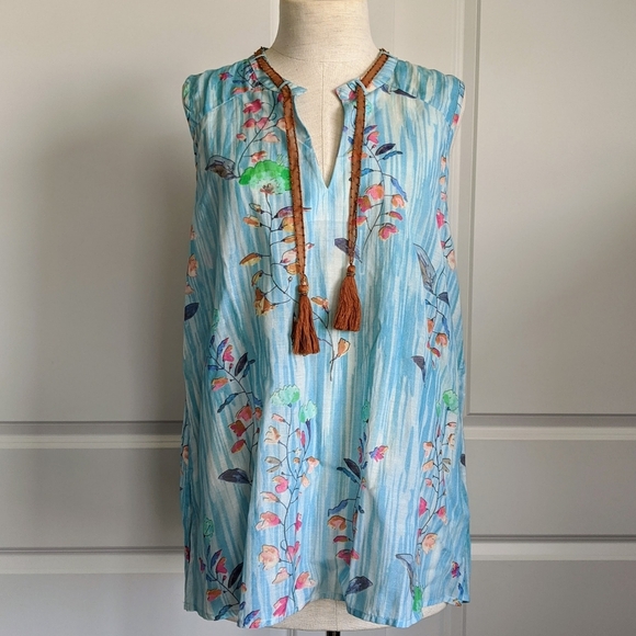 Aratta Sleeveless Top Neck Tie Closure Tassel Lightweight Floral Blue XL NWT - Picture 1 of 16